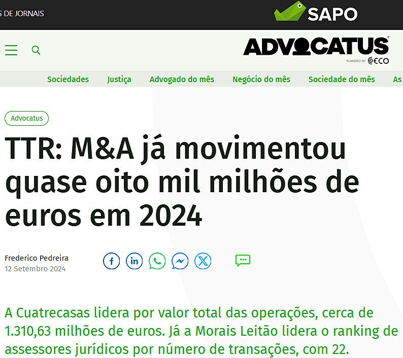 TTR: M&A j movimentou quase oito mil milhes de euros em 2024